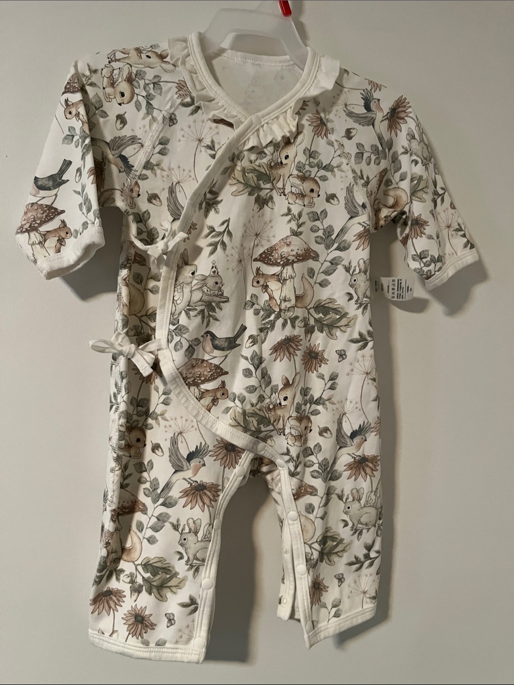Cream Woodland Animal Wrap One-Piece with Floral & Mushroom Print